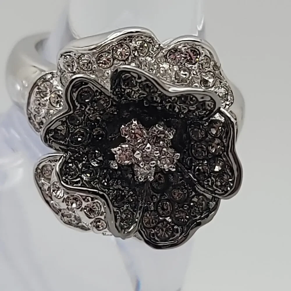 Vintage Nolan Miller Black & Clear Pave Crystal Flower Ring